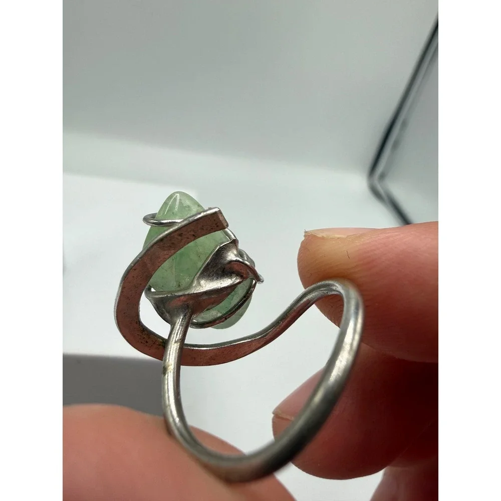 Handcrafted Wire Wrapped Raw Green Stone Silver Tone Bypass Ring Size 5.5